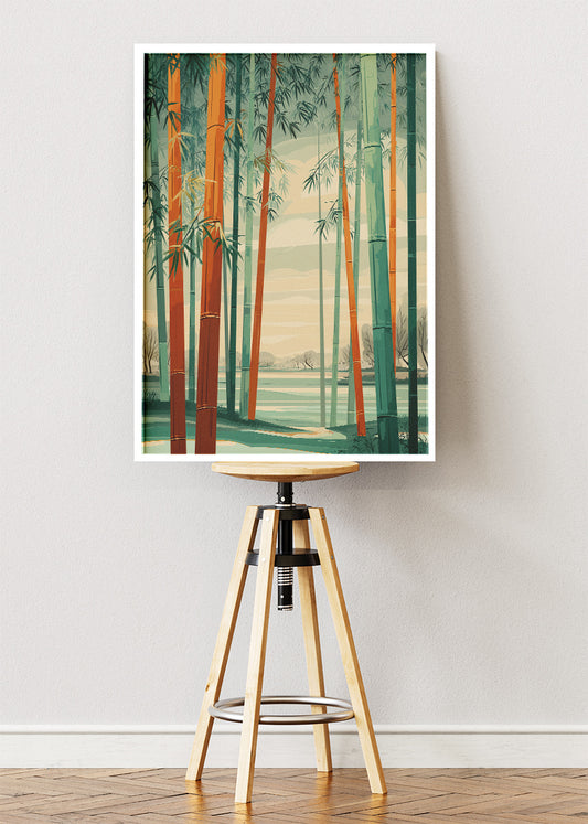 Warm Bamboo Forest Wall Art – Green & Terracotta Japandi Canvas Print | Vertical Nature Poster