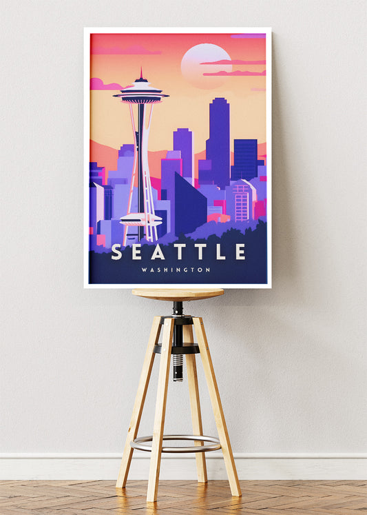 Seattle Washington Poster & Canvas Print – Space Needle Sunset Skyline Wall Art