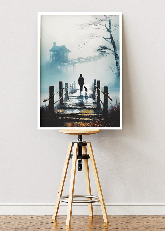 Misty Walk at Dawn – Moody Lake House Canvas & Poster Print – AI PRINT LAB