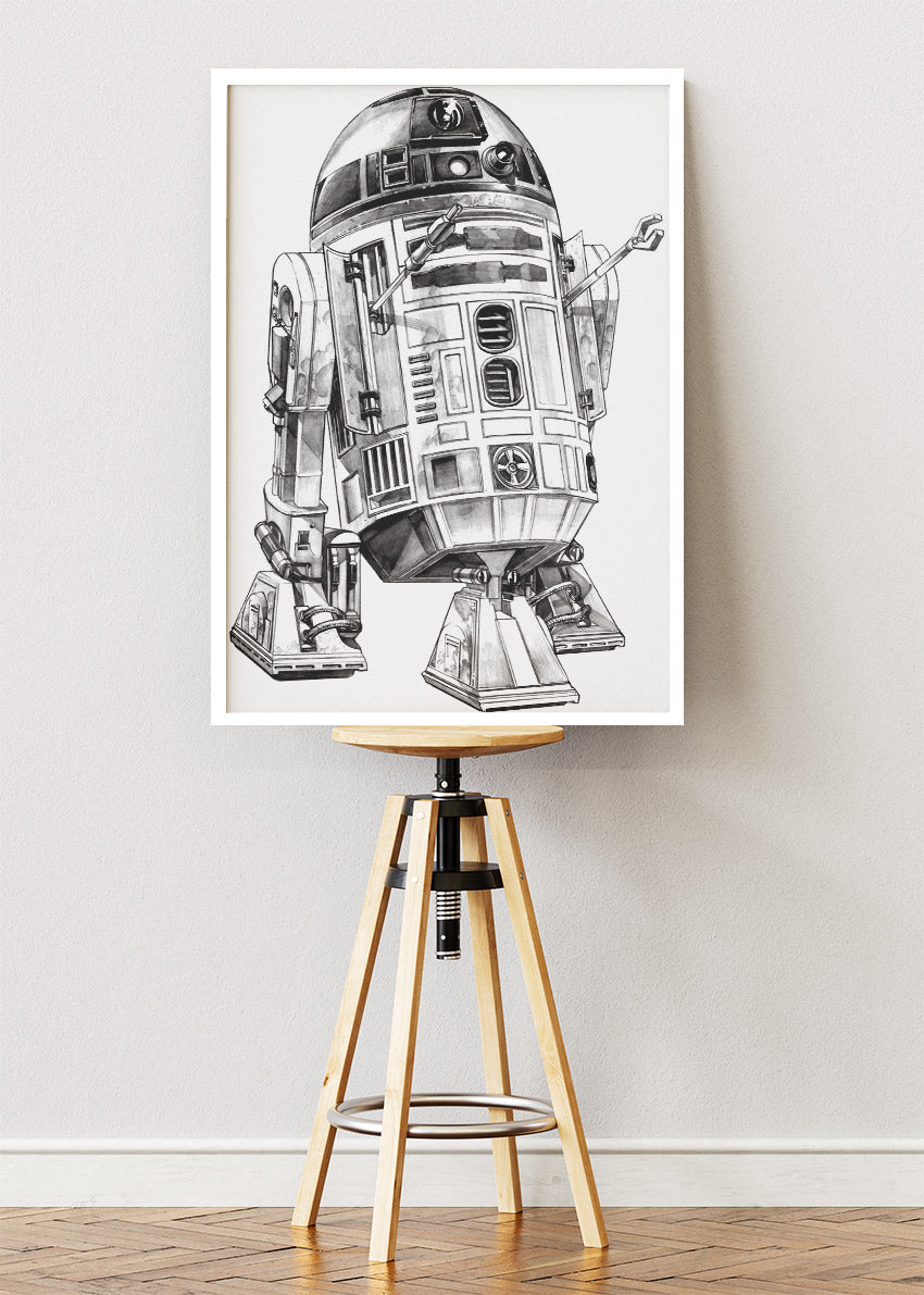 R2-D2 – Minimal Sci-Fi Line Art Canvas & Poster Print – AI PRINT LAB