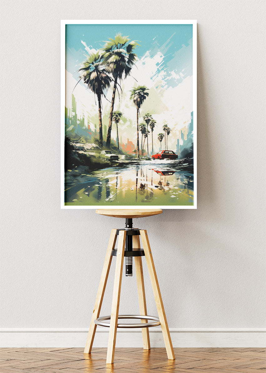 Palm Reflections – Modern Coastal City Canvas & Poster Print – AI PRINT LAB