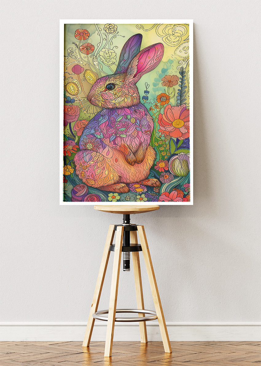 Floral Rabbit Art Poster & Canvas Print – Colourful Boho Animal Illustration