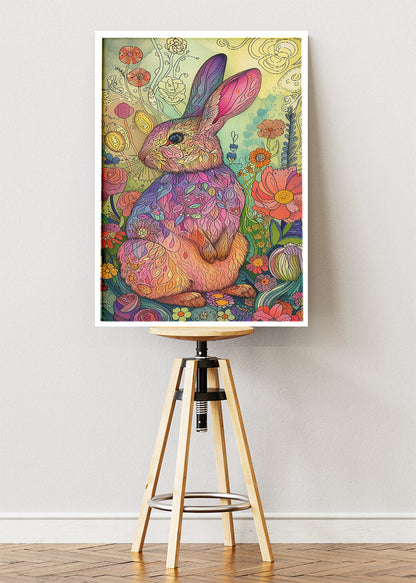 Floral Rabbit Art Poster & Canvas Print – Colourful Boho Animal Illustration