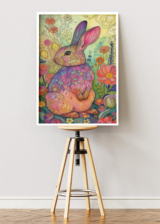 Floral Rabbit Art Poster & Canvas Print – Colourful Boho Animal Illustration