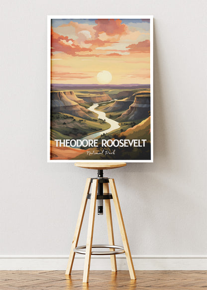 Theodore Roosevelt National Park Poster & Canvas Print – Illustrated Badlands Sunset Wall Art