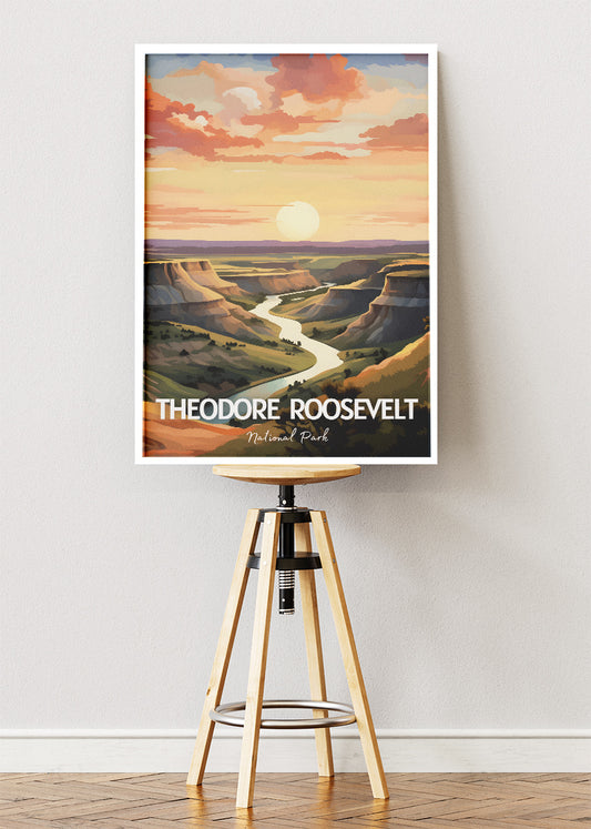 Theodore Roosevelt National Park Poster & Canvas Print – Illustrated Badlands Sunset Wall Art