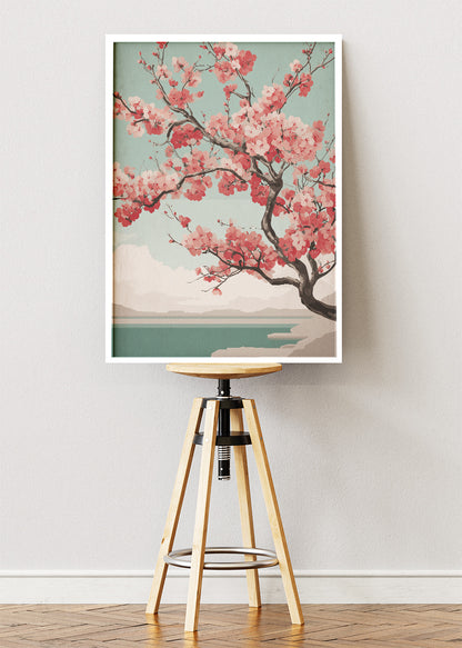 Blush Cherry Blossom Lake Wall Art – Sage Green Japandi Canvas Print | Serene Floral Landscape Poster
