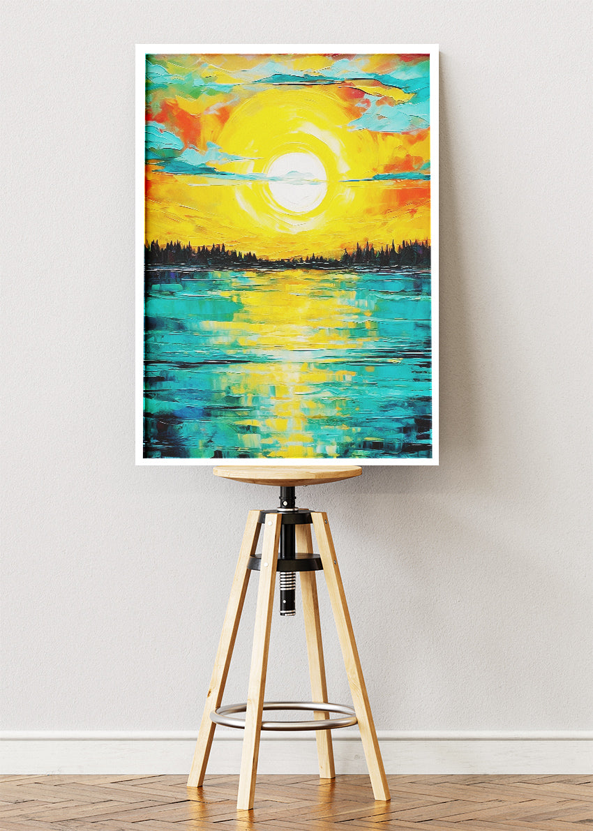 Golden Horizon Reflection – Vibrant Sunset Canvas & Poster Print – AI PRINT LAB