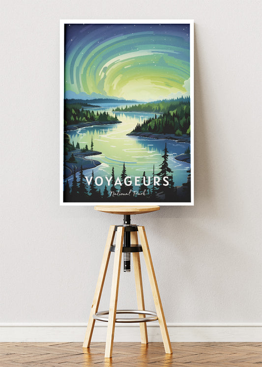 Voyageurs National Park Poster & Canvas Print – Illustrated Northern Lights Lakeview Wall Art