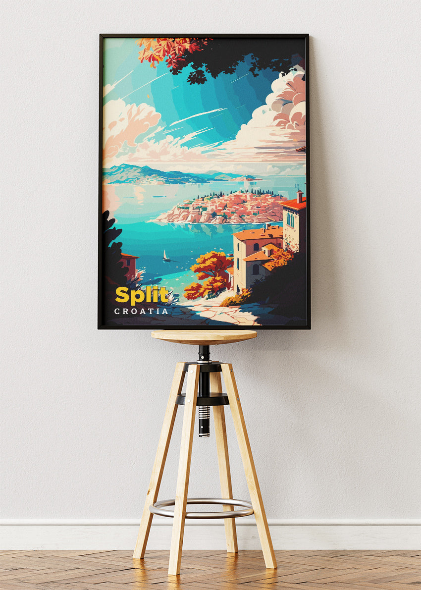 Split Croatia Travel Poster & Canvas Print – Coastal Cliff View Retro Illustration Wall Art