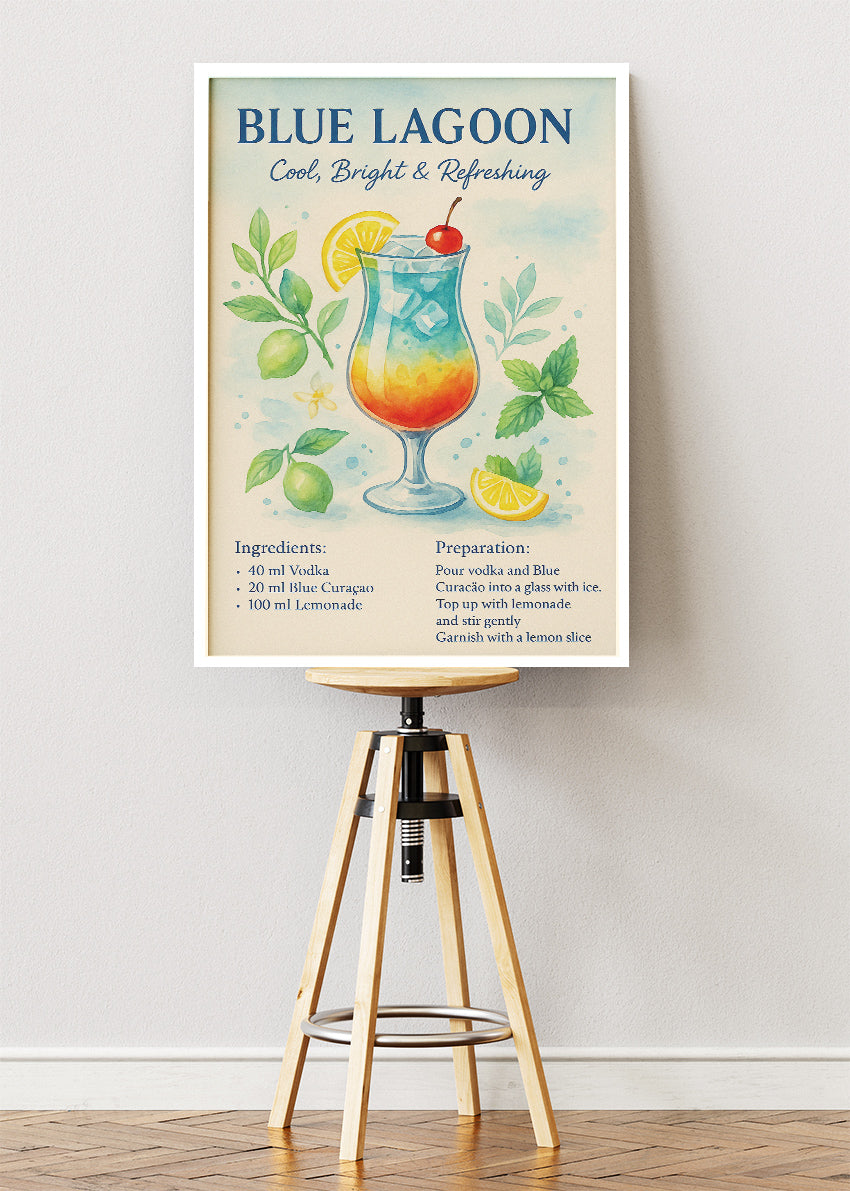 Blue Lagoon Watercolor Cocktail Poster & Canvas Print | Cool & Refreshing Bar Wall Art
