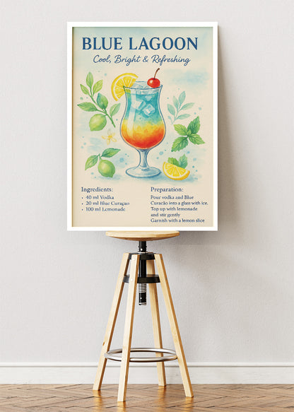 Blue Lagoon Watercolor Cocktail Poster & Canvas Print | Cool & Refreshing Bar Wall Art