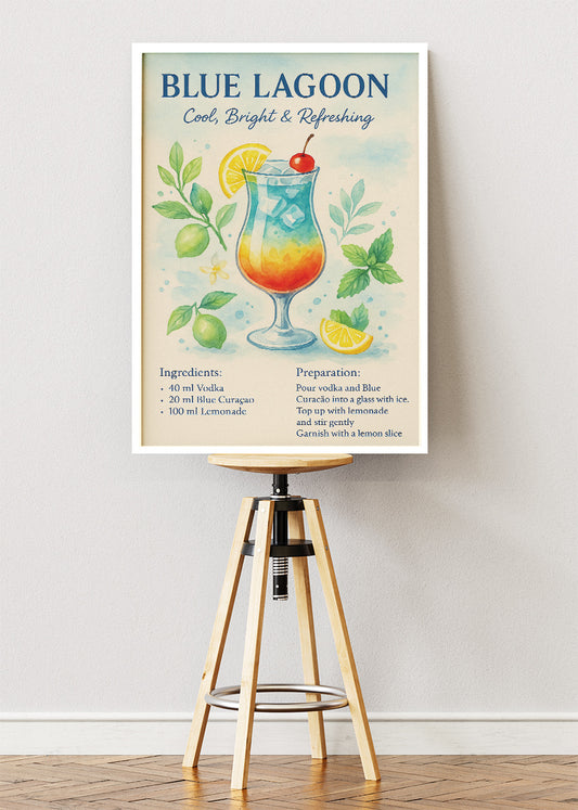 Blue Lagoon Watercolor Cocktail Poster & Canvas Print | Cool & Refreshing Bar Wall Art