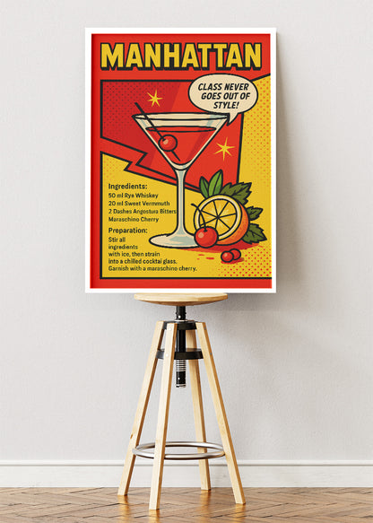 Manhattan Pop Art Cocktail Recipe Poster & Canvas Print | Retro Comic Bar Wall Art
