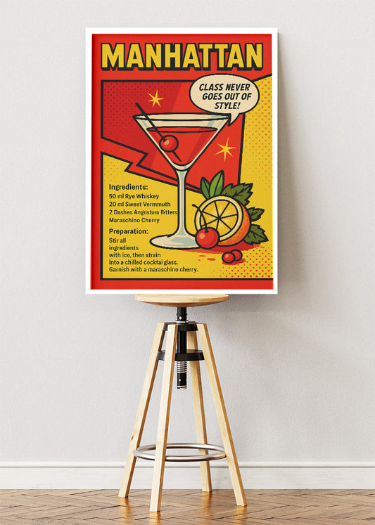 Manhattan Pop Art Cocktail Recipe Poster & Canvas Print | Retro Comic Bar Wall Art