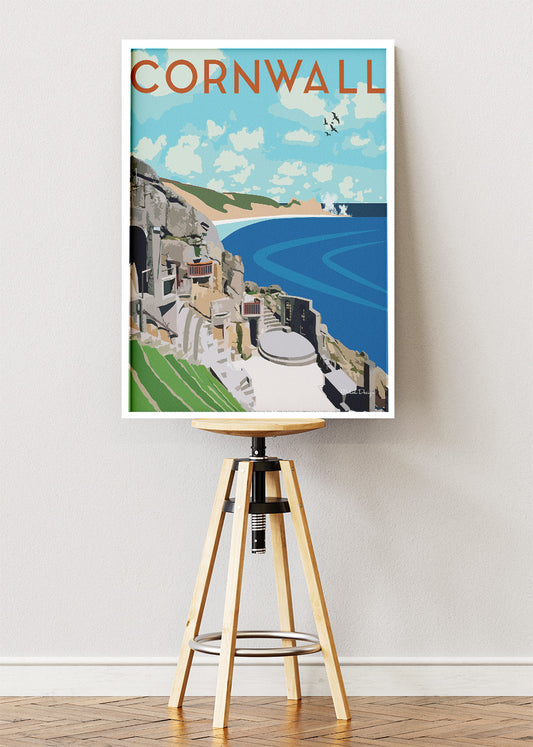 Cornwall UK Poster & Canvas Print – Vintage Coastal Cliff & Ocean Illustration