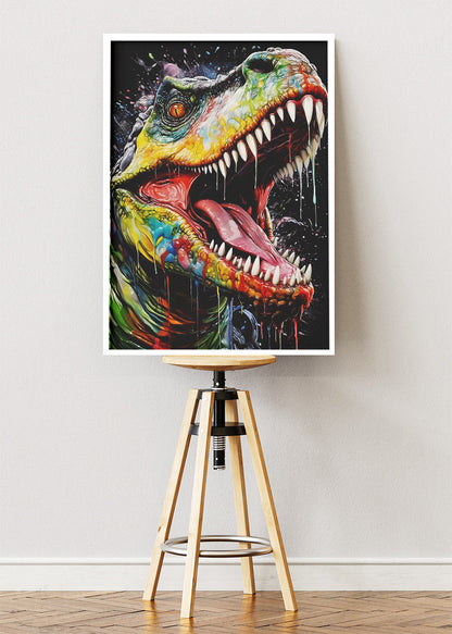 Colorful T-Rex Dinosaur Poster & Canvas Print – Splash Art Jurassic Wall Decor