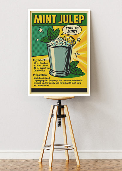 Mint Julep Pop Art Cocktail Recipe Poster & Canvas Print | Retro Comic Bar Wall Art