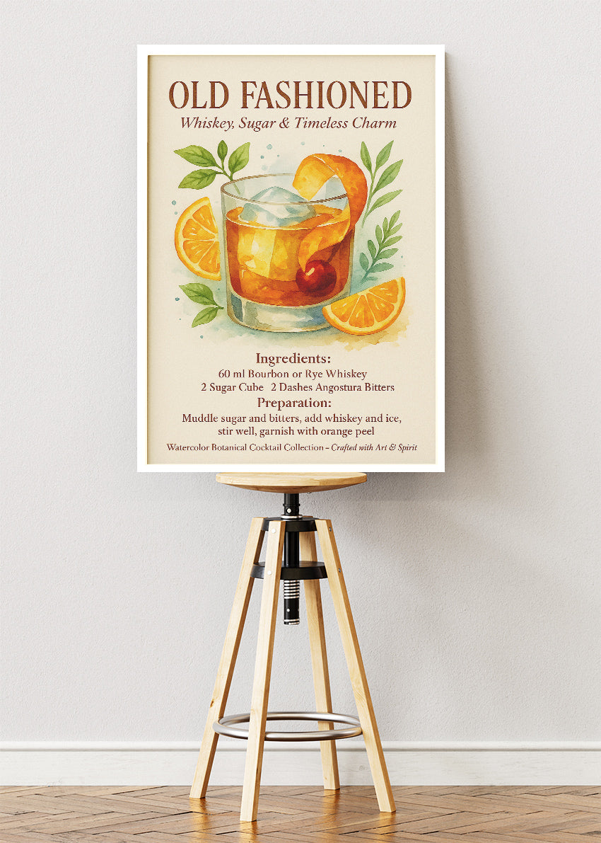 Old Fashioned Watercolor Cocktail Poster & Canvas Print | Botanical Whiskey Wall Art