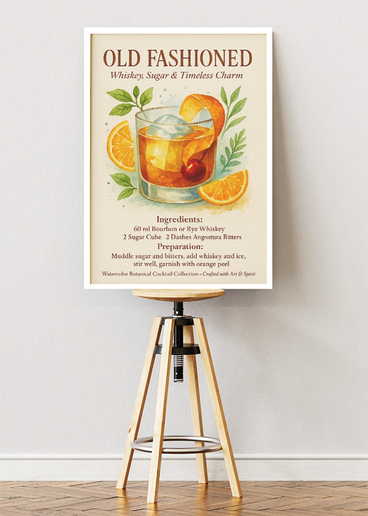 Old Fashioned Watercolor Cocktail Poster & Canvas Print | Botanical Whiskey Wall Art