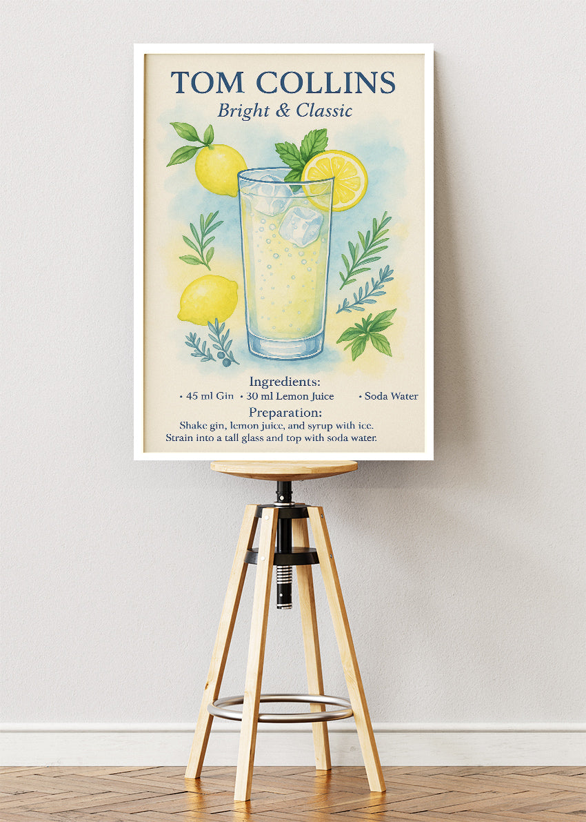 Tom Collins Bright & Classic Cocktail Poster & Canvas Print – Watercolor Gin Drink Wall Art – AI PRINT LAB