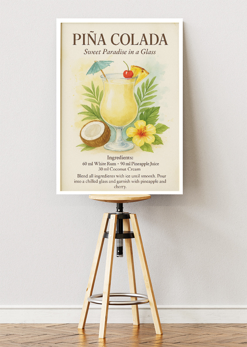 Piña Colada Watercolor Cocktail Poster & Canvas Print | Tropical Botanical Bar Wall Art
