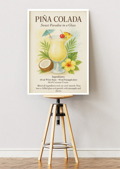 Piña Colada Watercolor Cocktail Poster & Canvas Print | Tropical Botanical Bar Wall Art