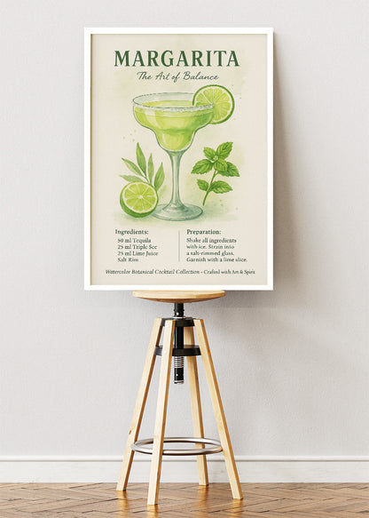 Margarita Watercolor Botanical Cocktail Poster & Canvas Print | Elegant Bar Wall Art