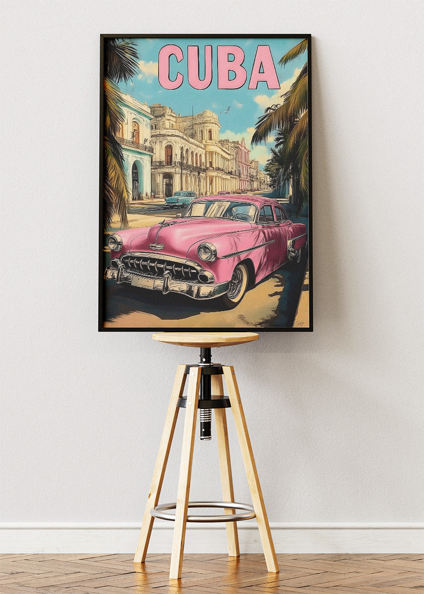 Cuba Havana Pink Classic Car Poster & Canvas Print – Vintage Retro Street Art