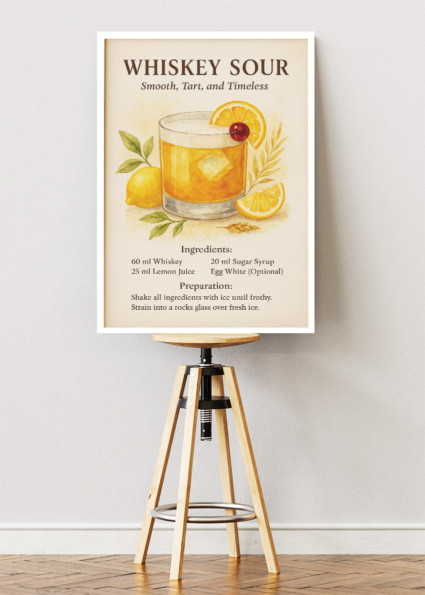 Whiskey Sour Watercolor Cocktail Poster & Canvas Print | Classic Recipe Bar Wall Art