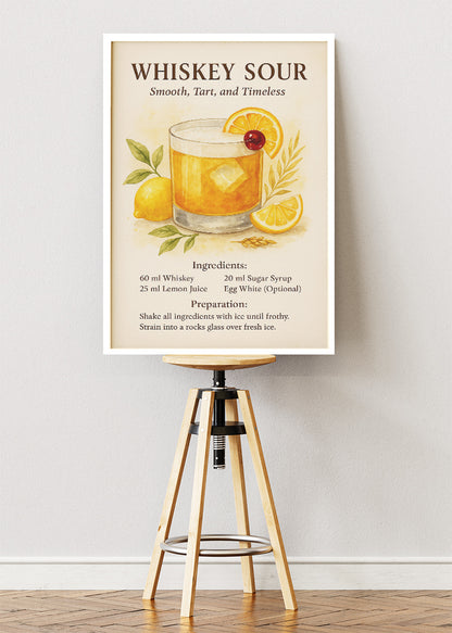 Whiskey Sour Watercolor Cocktail Poster & Canvas Print | Classic Recipe Bar Wall Art