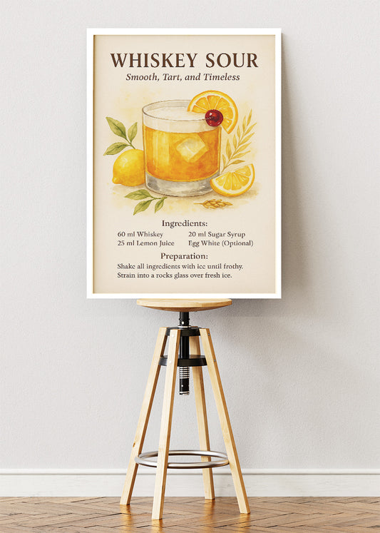 Whiskey Sour Watercolor Cocktail Poster & Canvas Print | Classic Recipe Bar Wall Art