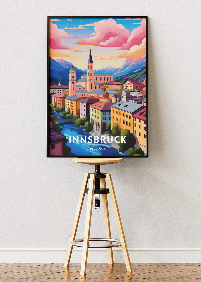 Innsbruck Austria Travel Poster & Canvas Wall Art – Colourful Alpine City Illustration