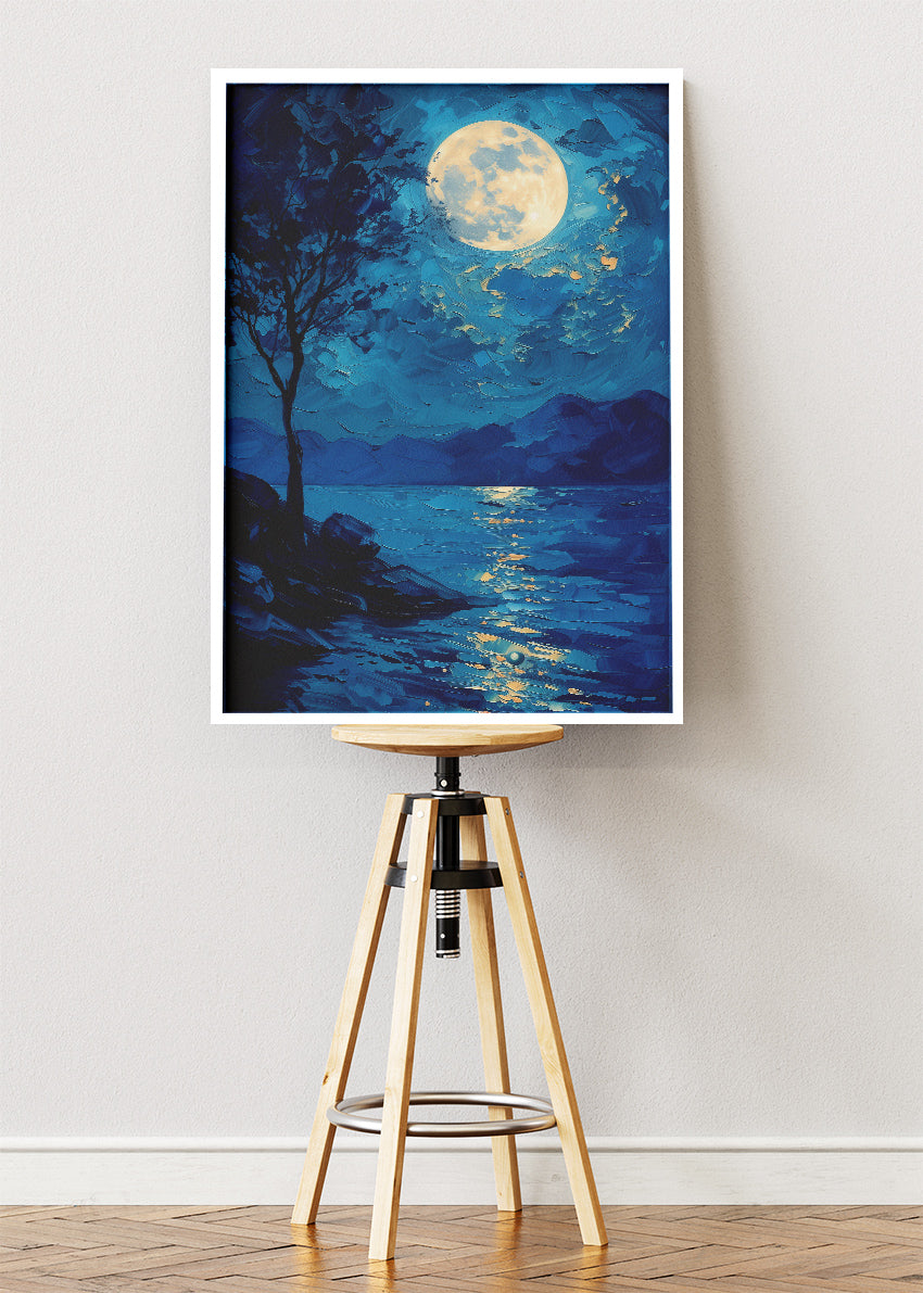 Moonlit Lake Reflection – Blue Night Landscape Wall Art Poster & Canvas – AI PRINT LAB
