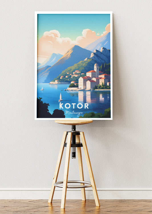 Kotor Montenegro Poster & Canvas Print – Illustrated Bay & Old Town Coastal Art