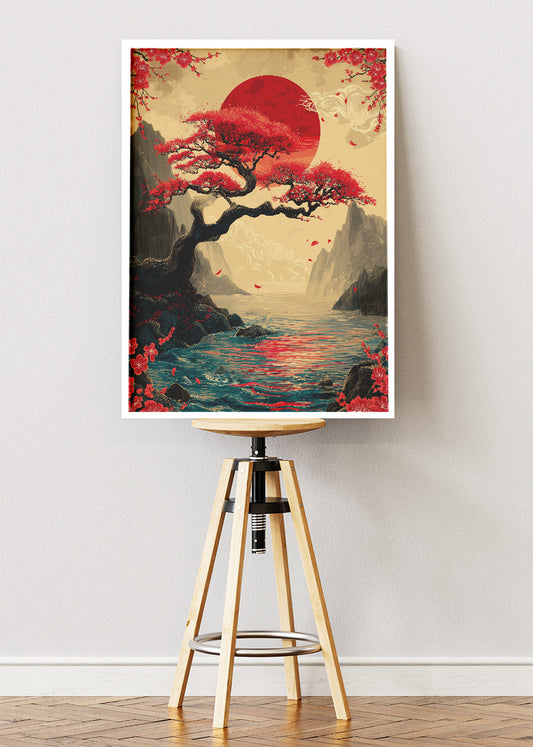 Crimson Sunset Bonsai Wall Art – Japanese Inspired Red Sun Canvas Print | Dramatic Oriental Landscape Poster