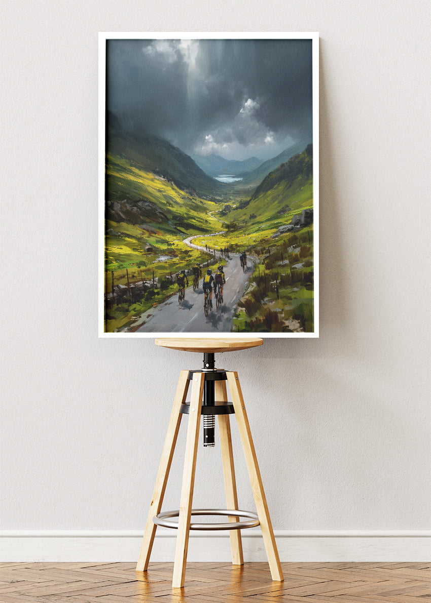 Mountain Valley Cycling Poster & Canvas Art Print – Peloton Riding Through Dramatic Green Highlands