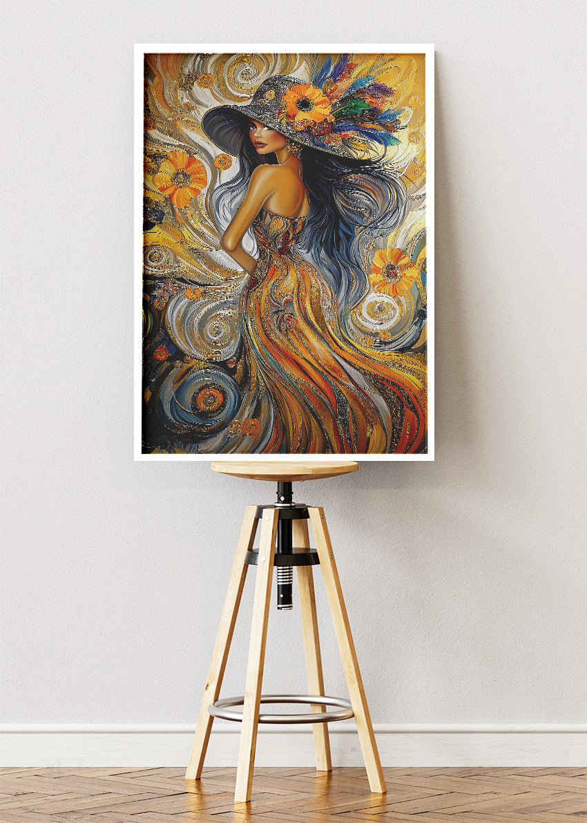 Bohemian Woman Wall Art Print – Golden Abstract Portrait Canvas & Modern Statement Poster for Living Room Decor UK
