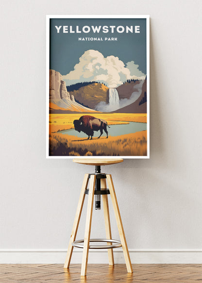 Yellowstone National Park Poster & Canvas Print – Illustrated Bison Landscape Wall Art