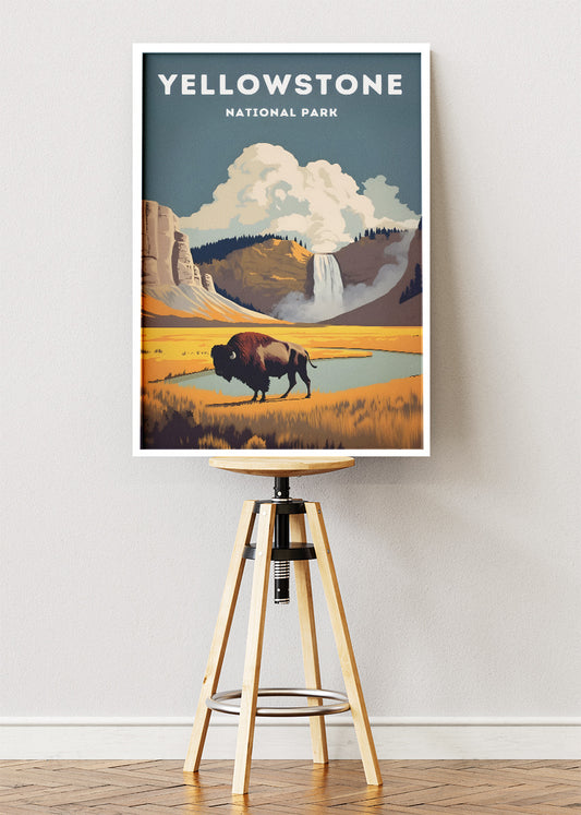 Yellowstone National Park Poster & Canvas Print – Illustrated Bison Landscape Wall Art