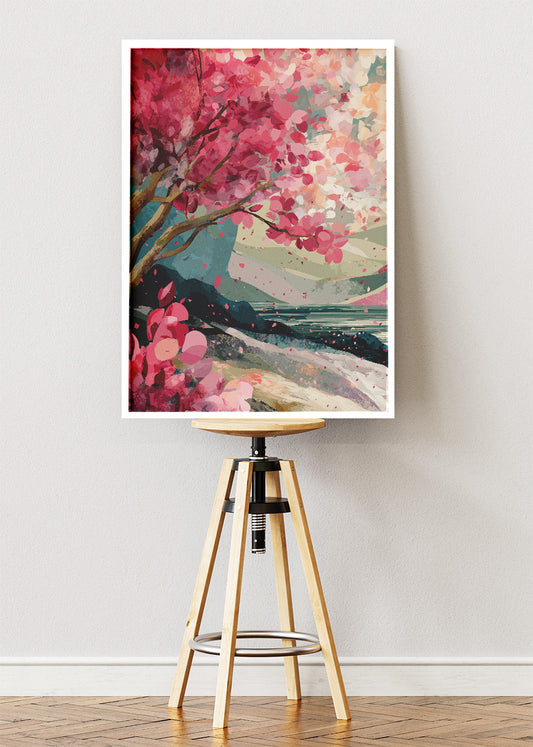 Vibrant Cherry Blossom Coast Wall Art – Pink Floral Landscape Canvas Print | Modern Japandi Poster