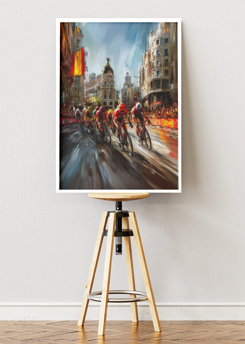 City Peloton Cycling Poster & Canvas Art Print – High-Speed Road Race Through Historic European City