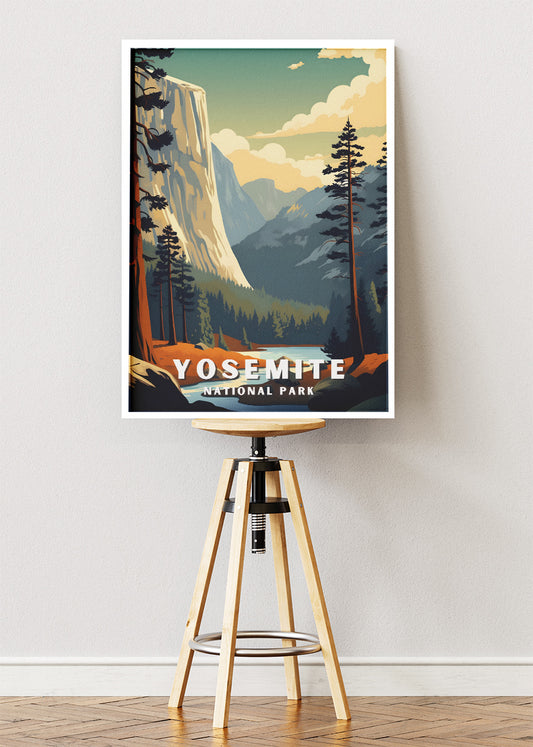 Yosemite National Park Poster & Canvas Print – Illustrated California Mountain Landscape Wall Art