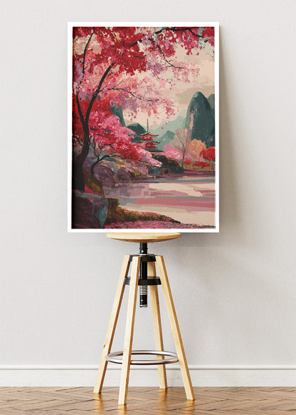 Japanese Cherry Blossom Temple Landscape Canvas & Poster Print – AI PRINT LAB