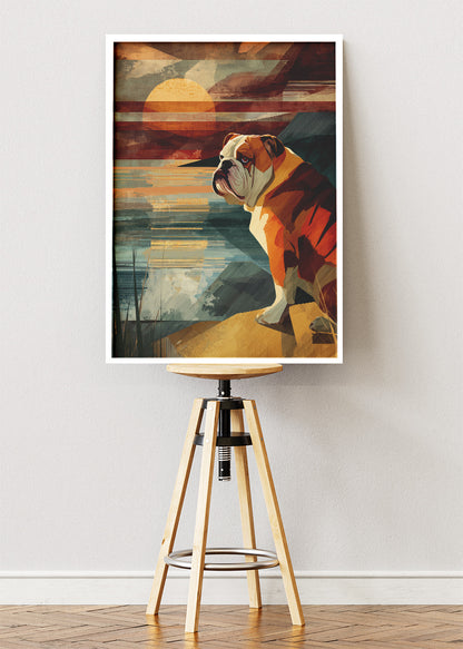 Retro Sunset Bulldog Poster & Canvas Print – Vintage Geometric Dog Wall Art