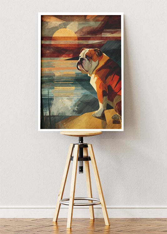 Retro Sunset Bulldog Poster & Canvas Print – Vintage Geometric Dog Wall Art