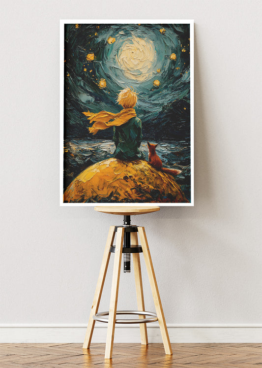Starry Night Inspired Boy and Fox Wall Art – Dreamy Moon Sky Canvas Print & Fantasy Illustration Poster for Living Room Decor UK