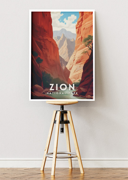 Zion National Park Poster & Canvas Print – Illustrated Utah Canyon Landscape Wall Art