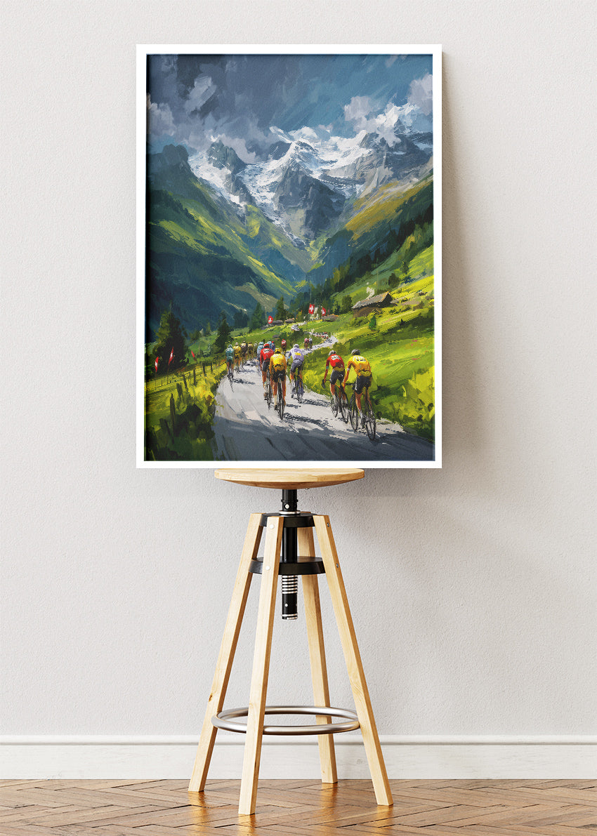 Alpine Valley Cycling Poster & Canvas Art Print – Mountain Peloton with Snow-Capped Peaks