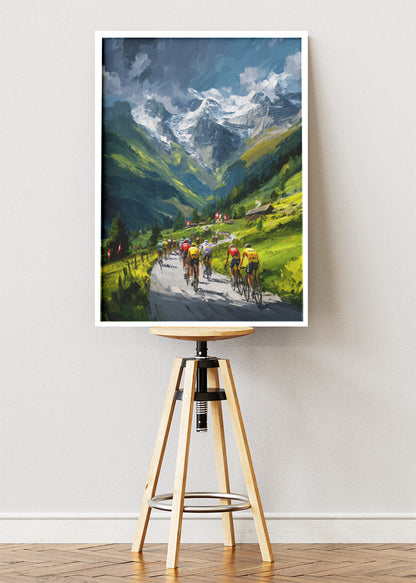 Alpine Valley Cycling Poster & Canvas Art Print – Mountain Peloton with Snow-Capped Peaks